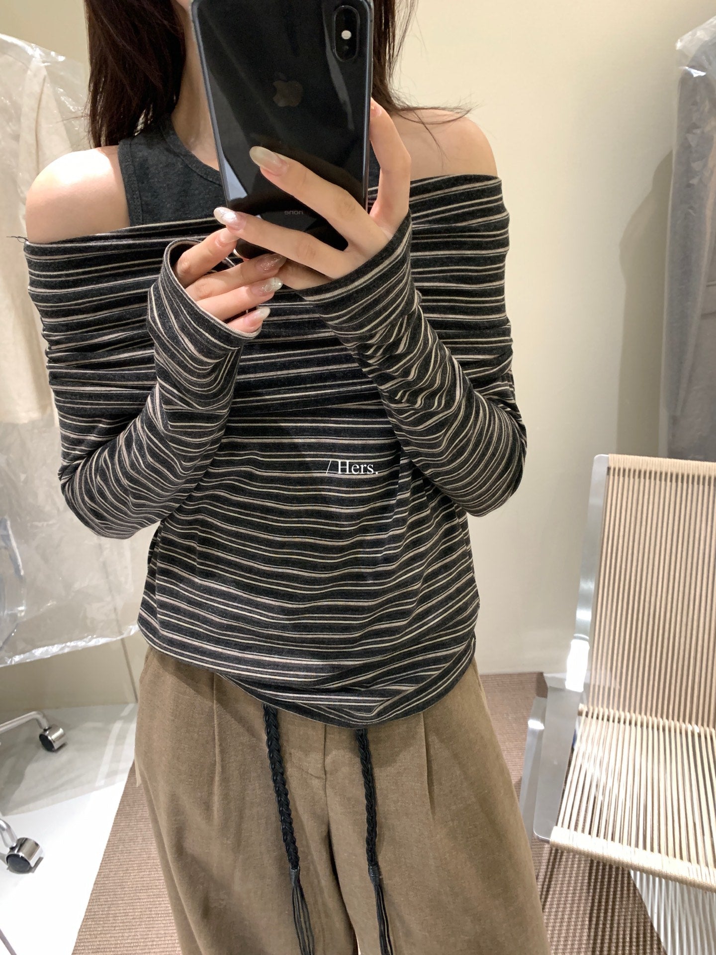 HERS - 條紋一字肩兩件套  92426#