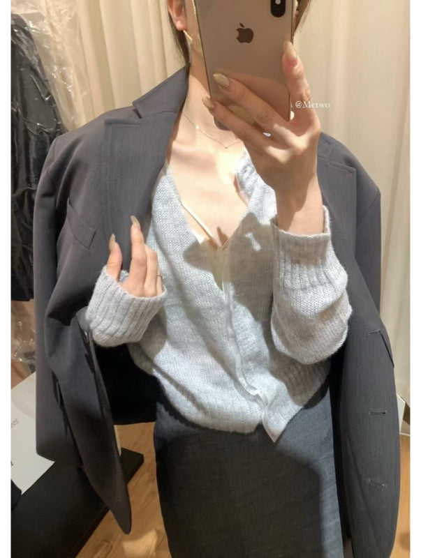 METWO> 拼紗毛織開衫 8677#