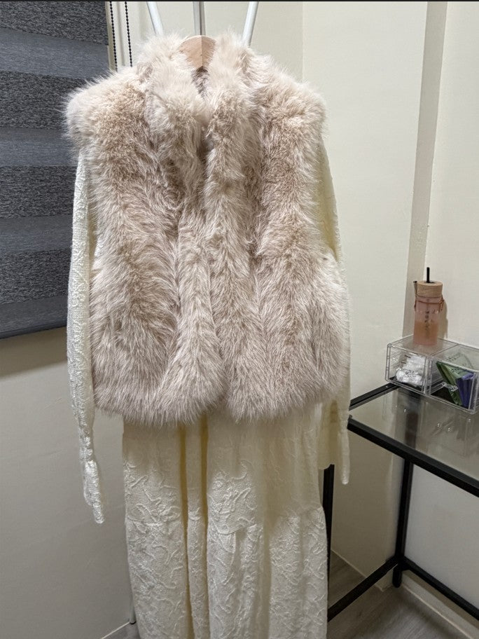 YJNN - 仙氣刷絨緹花分割連身裙洋裝&奶茶馬甲  8513#