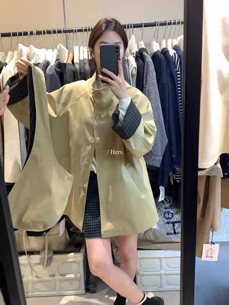 HERS - 帽型態領巾格紋立領風衣  92313#