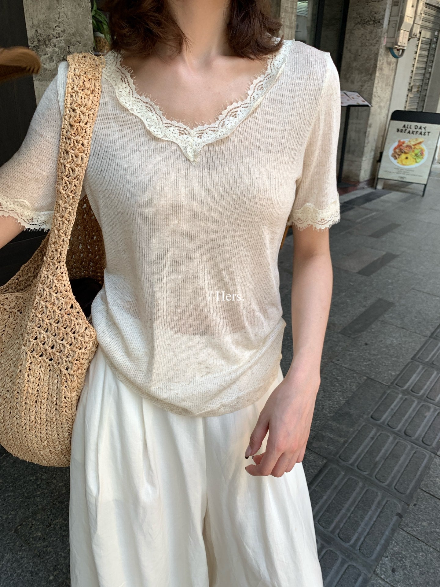 Hers -  蕾絲拼接薄款針織衫   80697#
