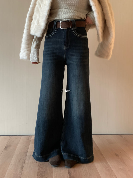 Hers - 配腰帶 微喇牛仔褲（有絨or 無絨） 92723#