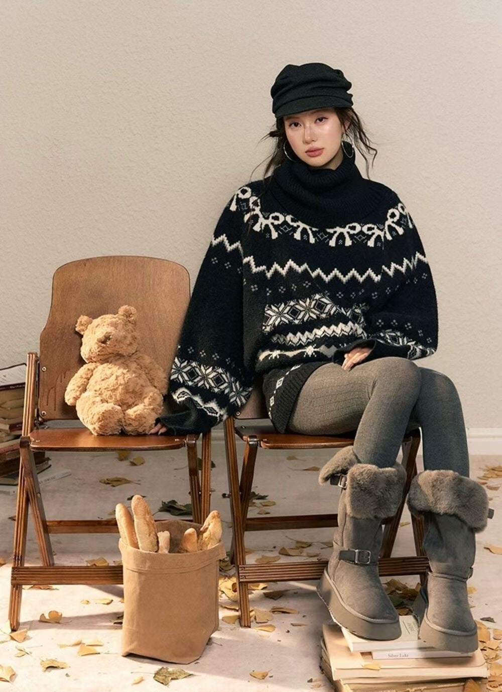 YJNN - 復古費爾島高領毛衣套裝  1189#