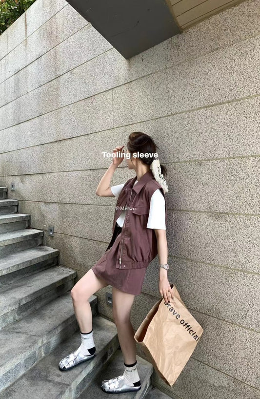 METWO> 套裝工裝背心外套短裙sml(黑&紫) 08002#