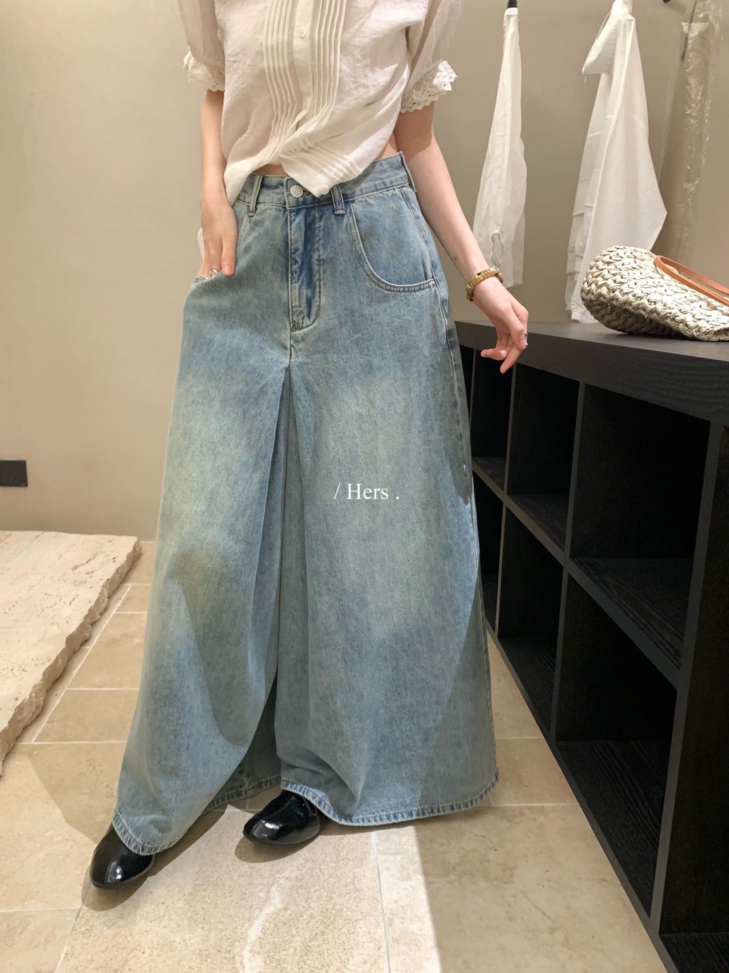 Hers - 牛仔闊腿裙褲   80358#
