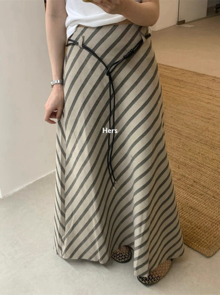 HERS> 條紋麻料半裙 21083#