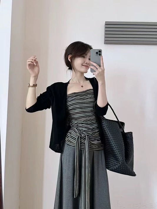 NENE - 慵懶開衫+綁帶背心+空氣棉半裙3件套  9326#