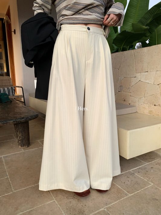 Hers - 鈕扣設計感鬆緊腰頭-條紋西褲   80244#