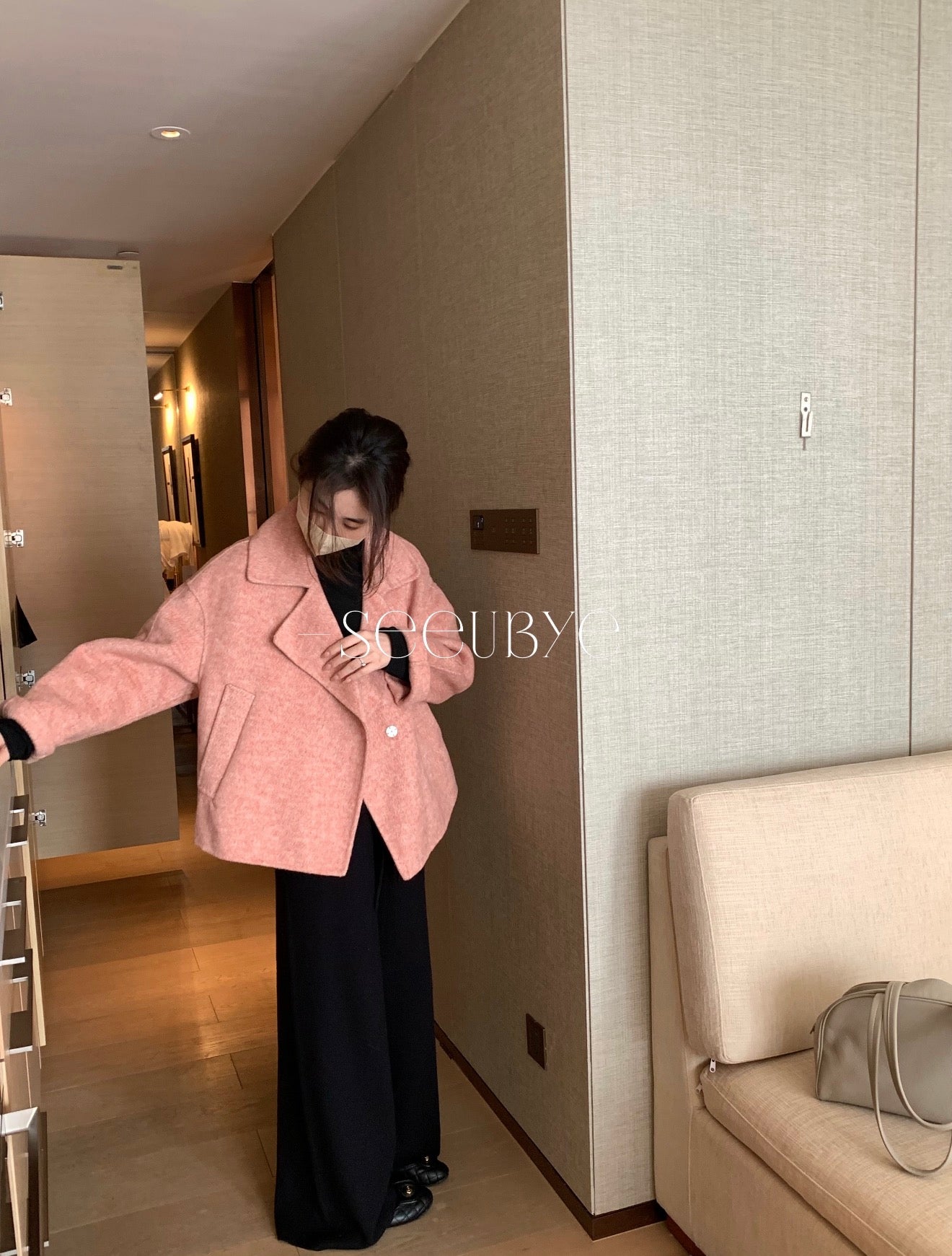 seeUbye - 鮭魚粉雙面羊毛大衣  731#