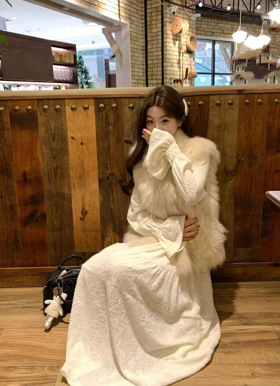 YJNN - 仙氣刷絨緹花分割連身裙洋裝&奶茶馬甲  8513#