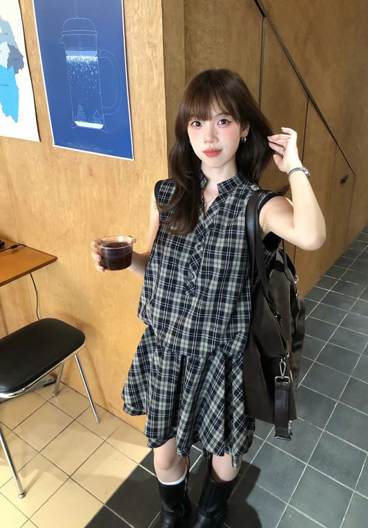 YJ - 格紋V領收腰連身裙洋裝    5701#