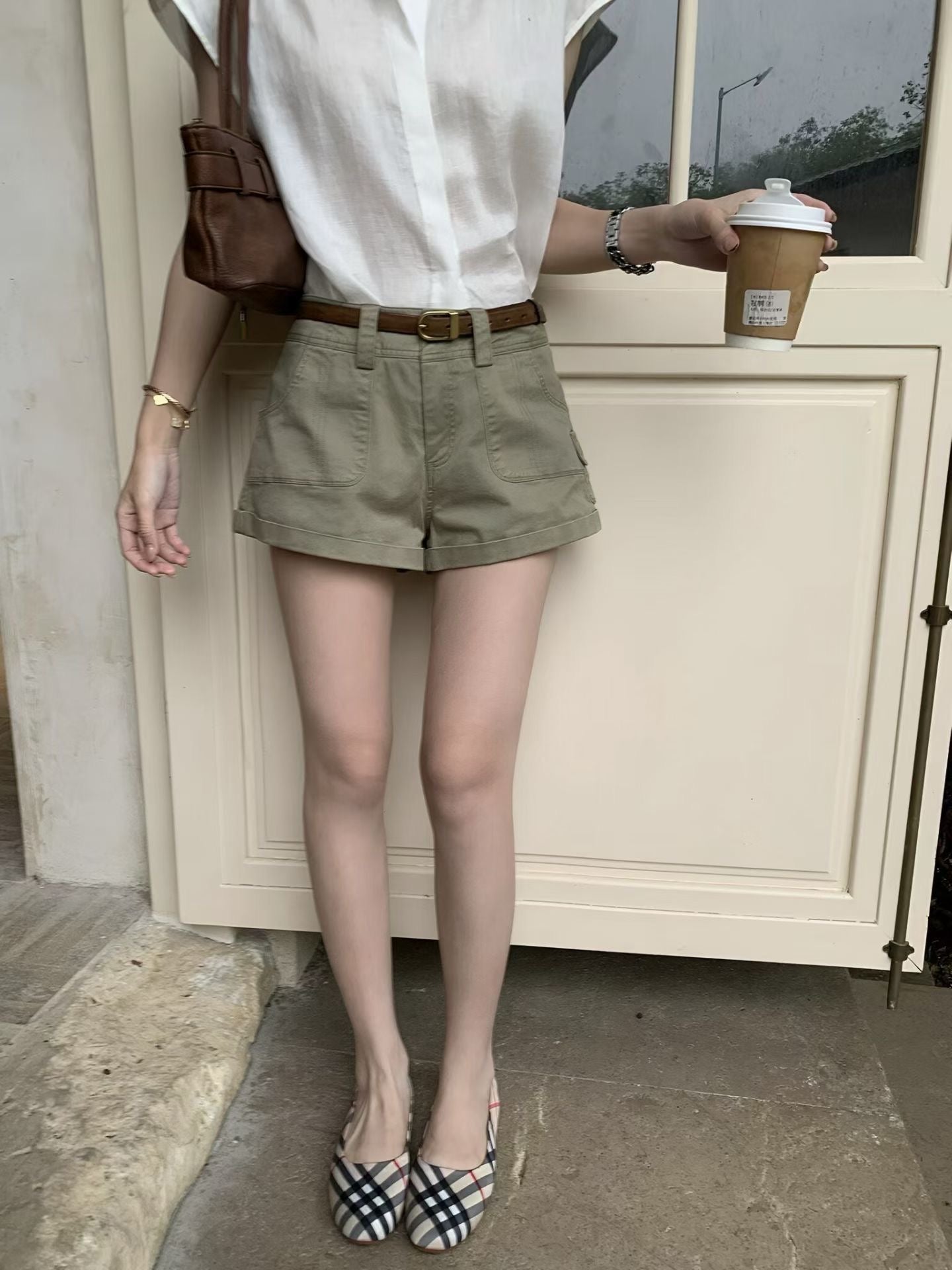 YJ - 小飛袖棉麻襯衫牛仔棉短褲套裝   9113#