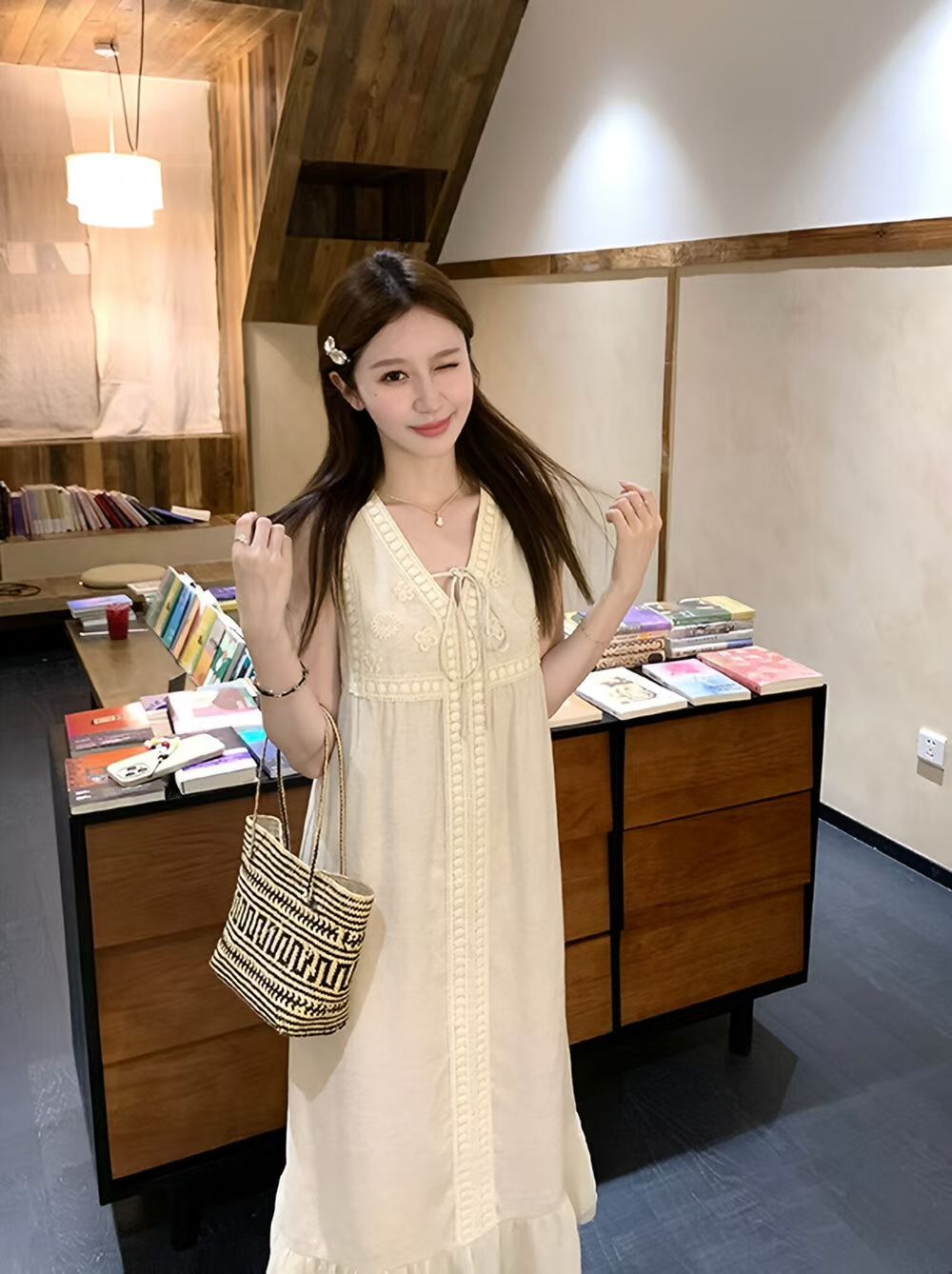 YJ - 氣質勾花天絲亞麻連身裙洋裝   1123#