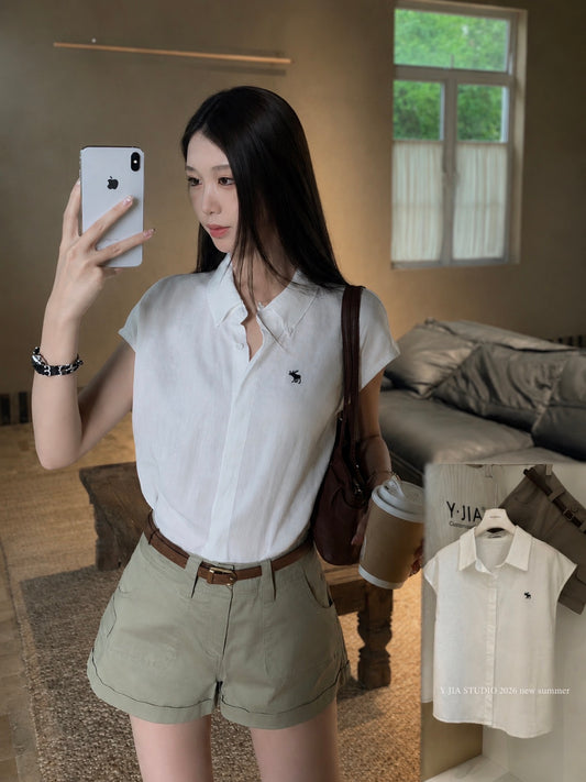 YJ - 小飛袖棉麻襯衫牛仔棉短褲套裝   9113#