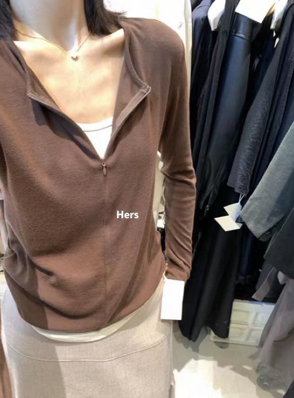 HERS> 短/長/連帽 假兩件扭摺拉鏈T#10121#