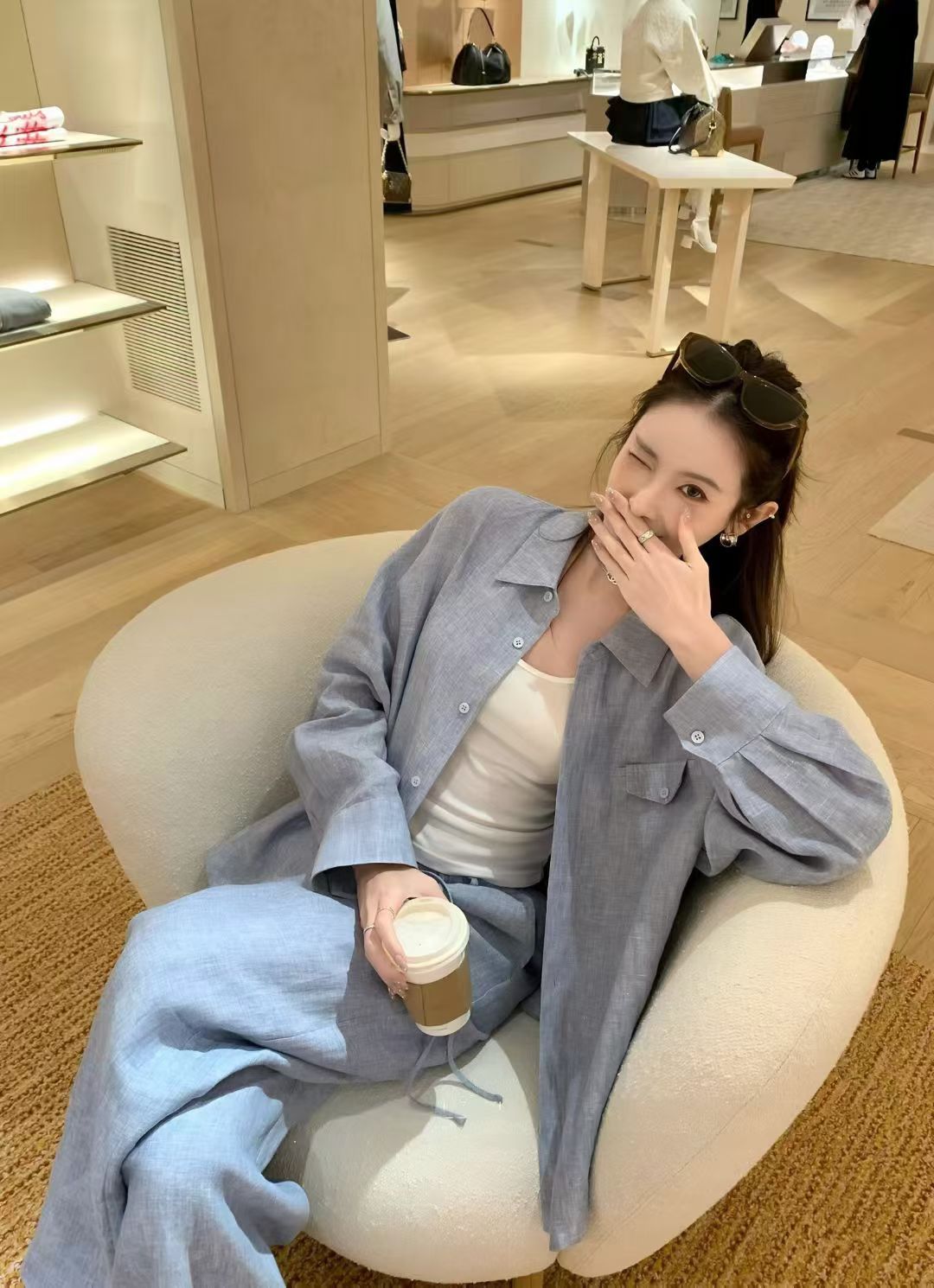 YJ - 老錢麻料襯衫休閒三件套    7755#