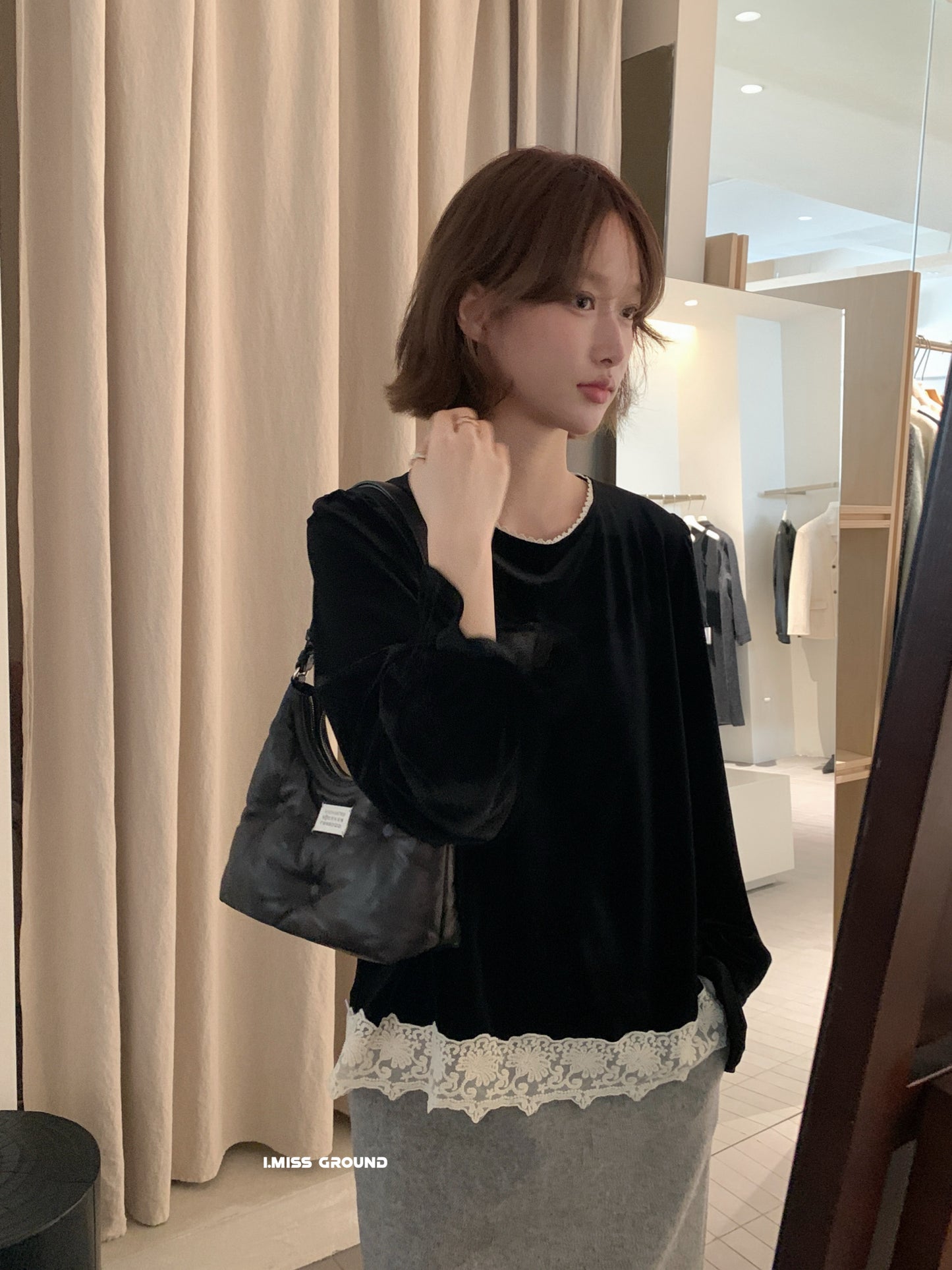 I MISS - 蕾絲絲絨上衣  60925#