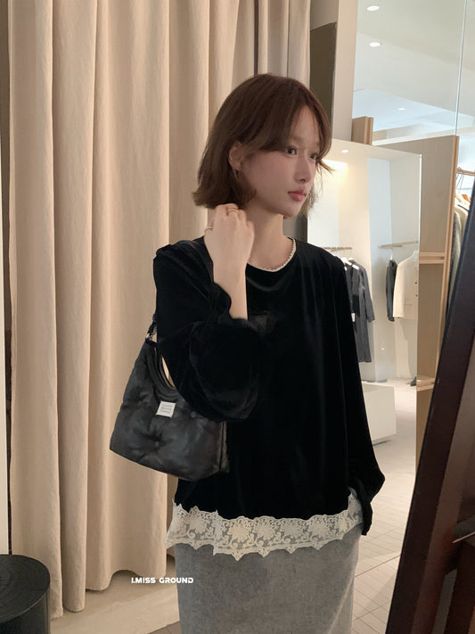 I MISS - 蕾絲絲絨上衣  60925#