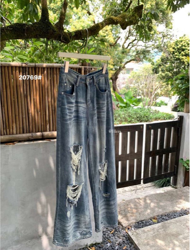 HERS> 蕾絲拼接抓破牛仔褲 20769#
