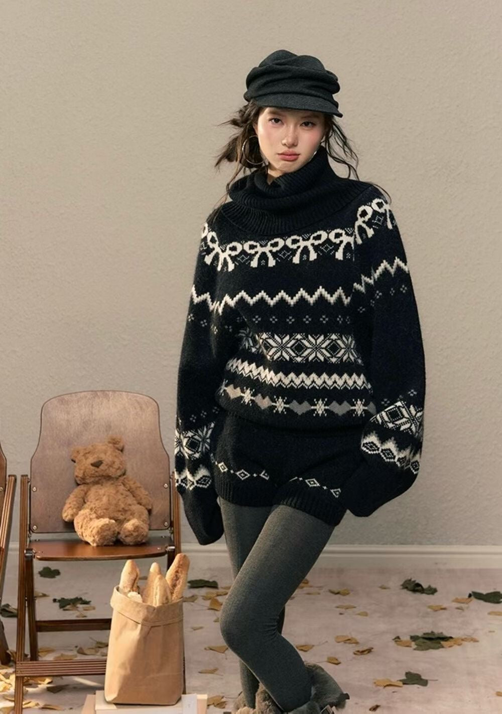 YJNN - 復古費爾島高領毛衣套裝  1189#