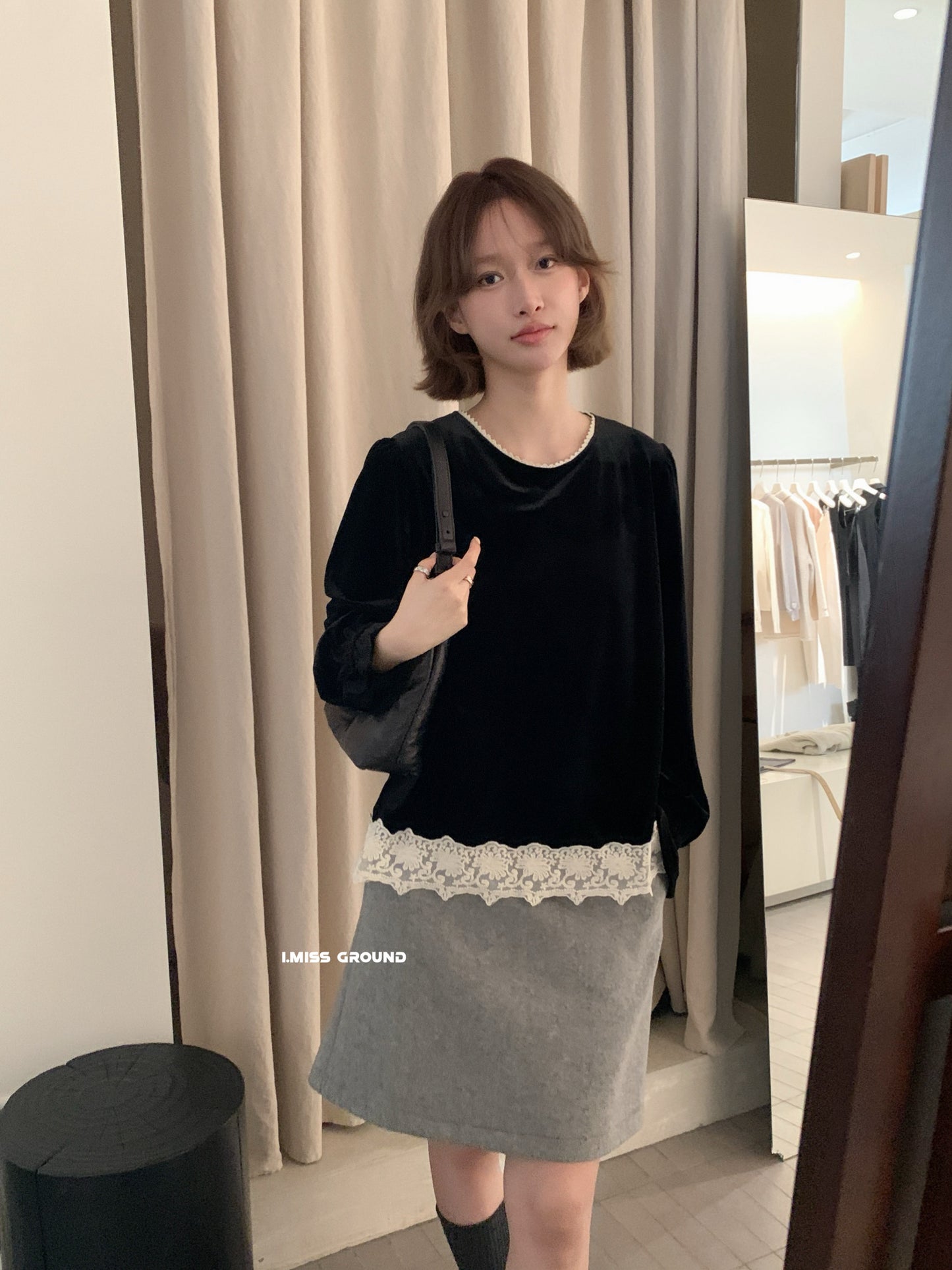 I MISS - 蕾絲絲絨上衣  60925#