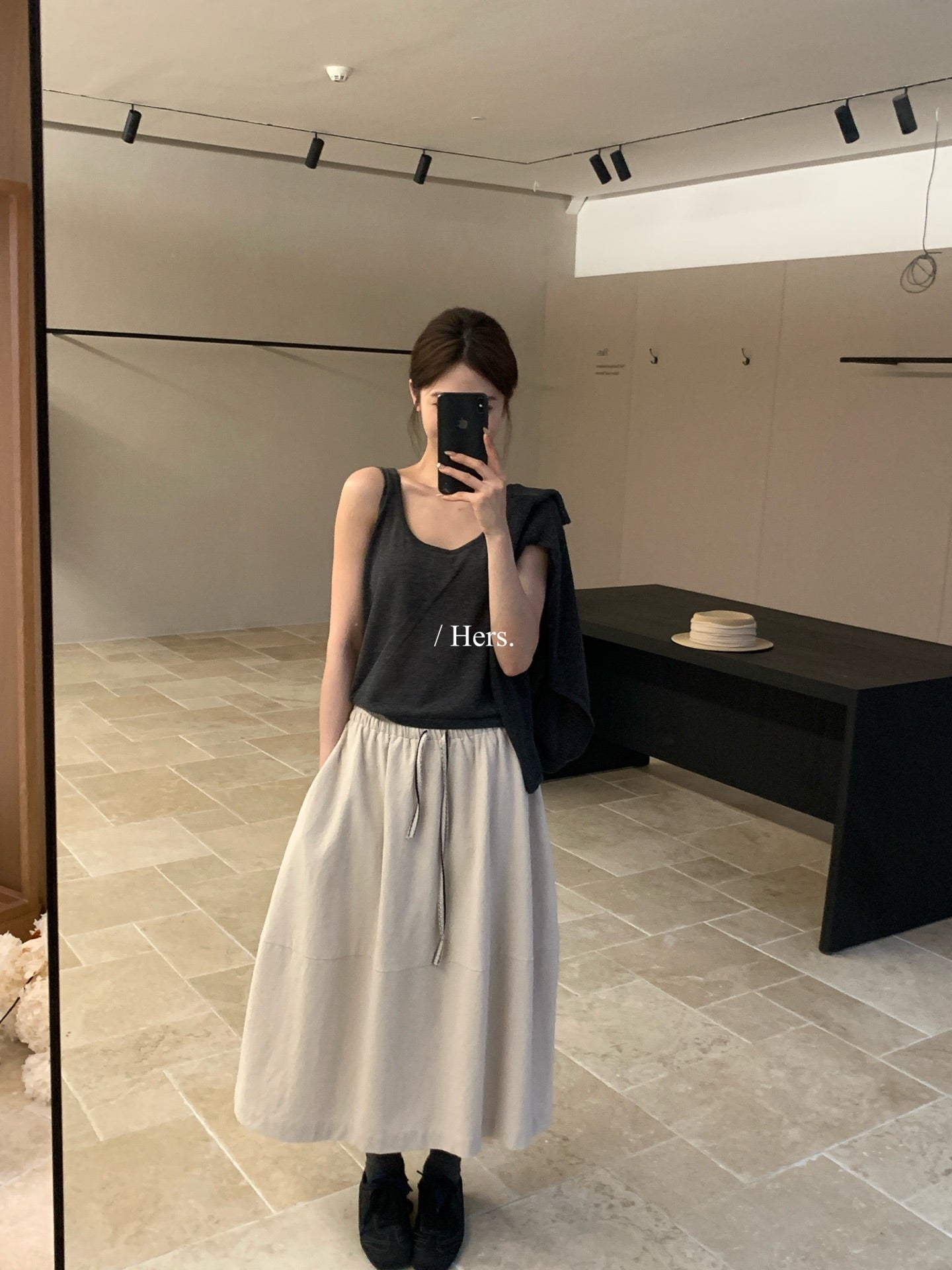 Hers - 撞色微皺肌理感半裙  80213#