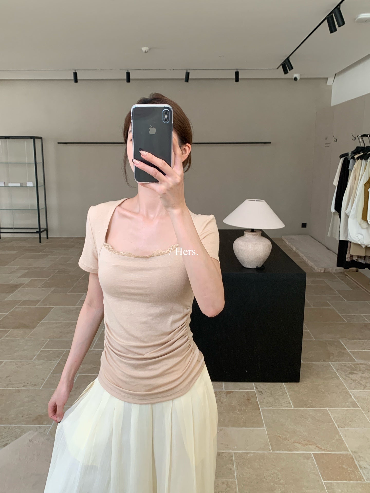 Hers - 蕾絲方領掐腰上衣&天絲飄飄褲   80696#