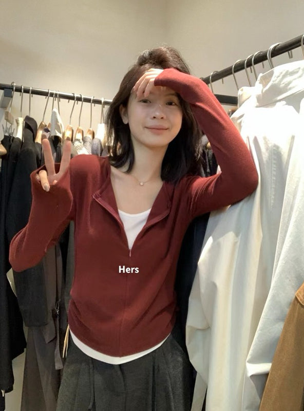 HERS> 短/長/連帽 假兩件扭摺拉鏈T#10121#