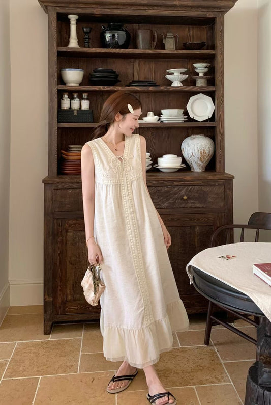 YJ - 氣質勾花天絲亞麻連身裙洋裝   1123#