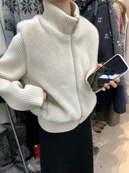 Hers - 毛毛拼接針織立領外套  92660#