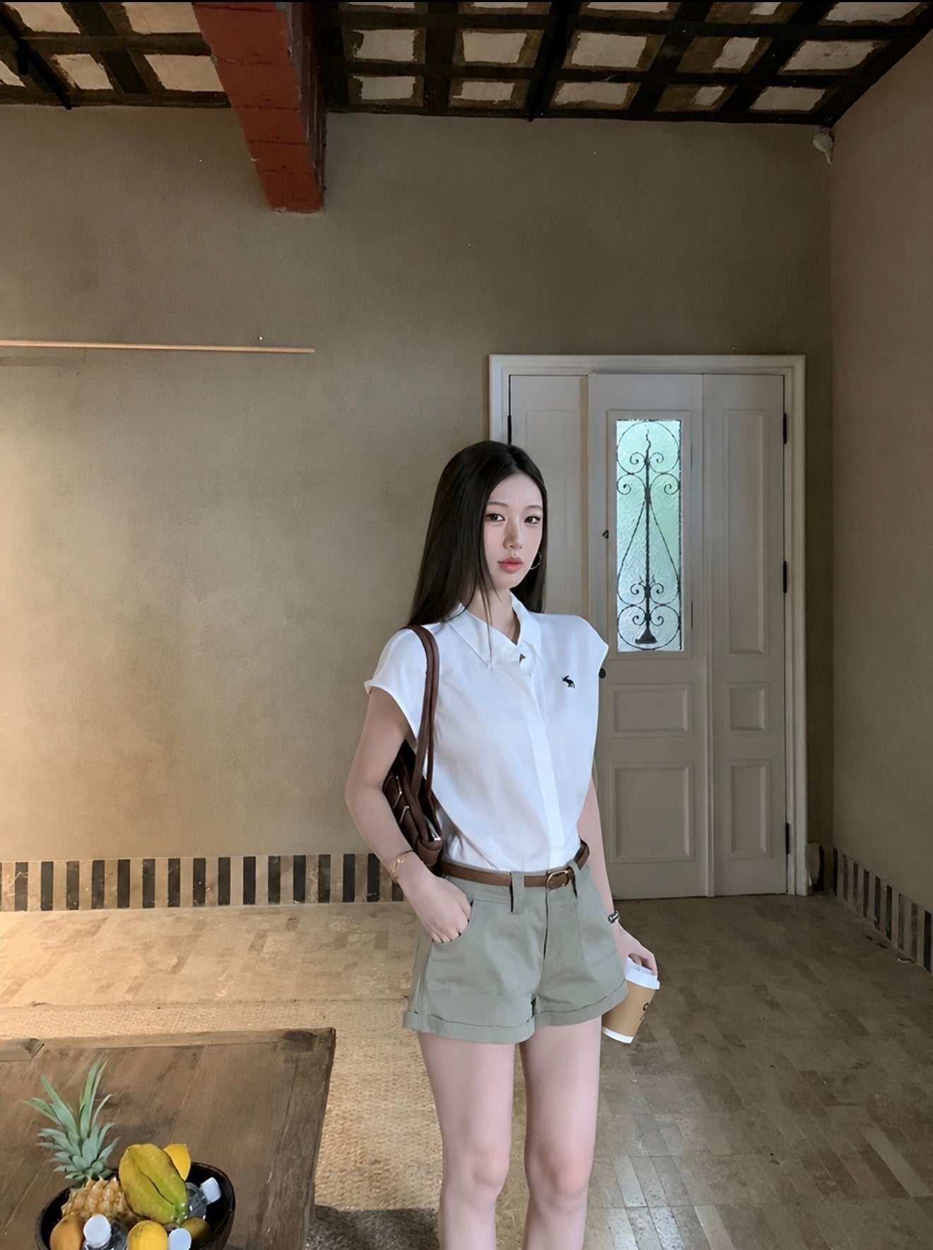 YJ - 小飛袖棉麻襯衫牛仔棉短褲套裝   9113#