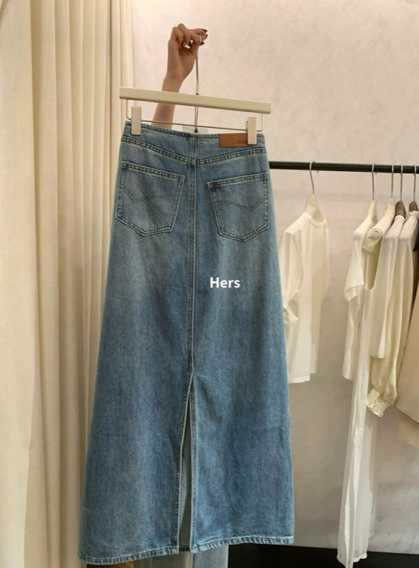 HERS> 無腰頭開衩牛仔長裙 20625#