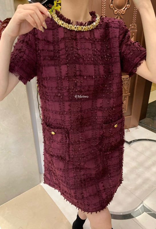 METWO> 顯白樹莓紫小香連衣裙 2110#