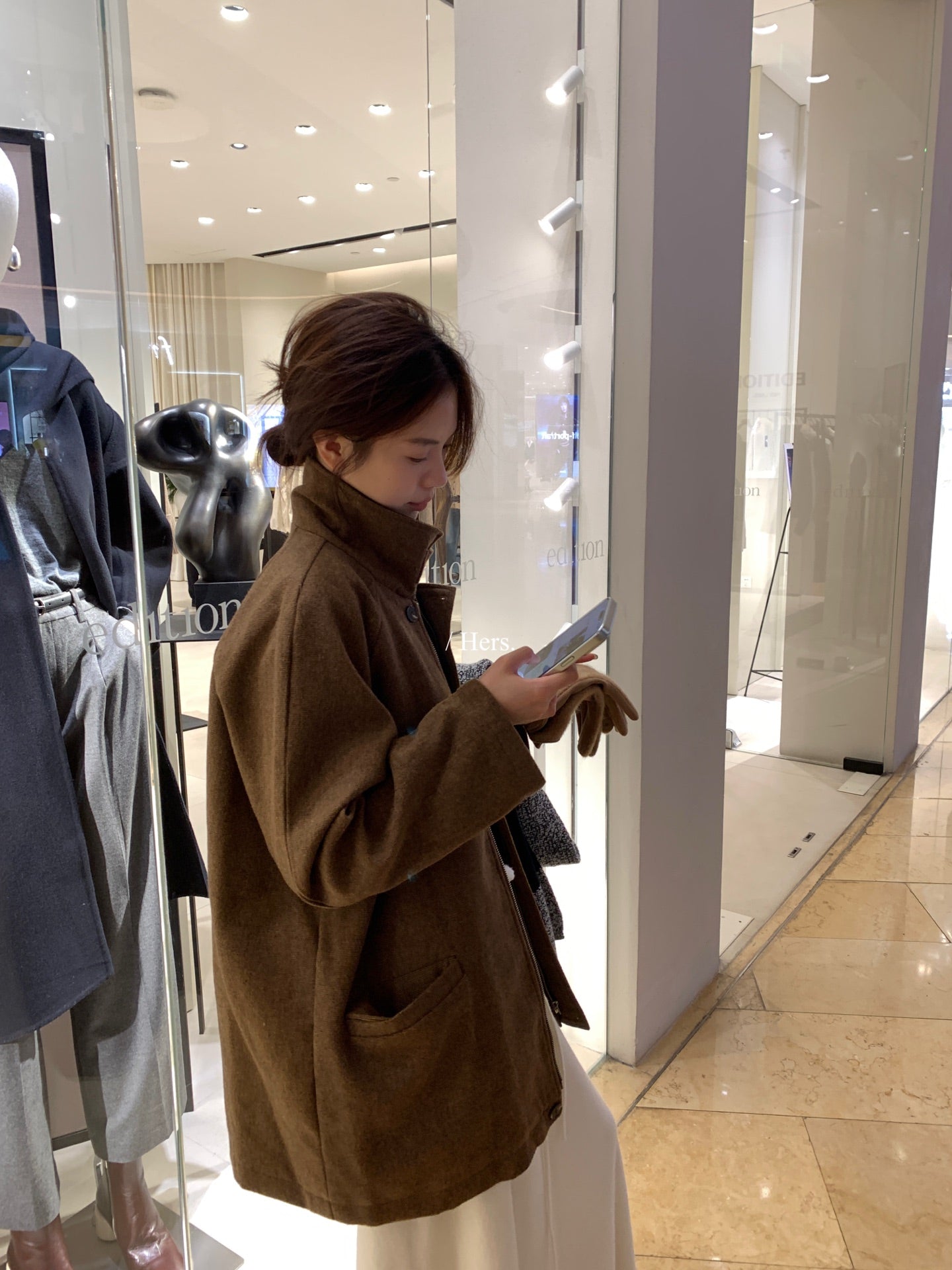 Hers - 領口燈芯絨拼接夾棉巴恩外套  92490#