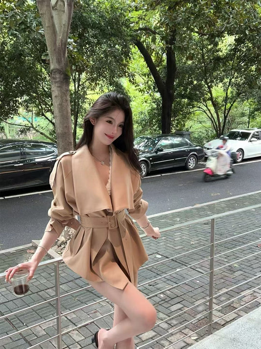 YJIA - 英倫風大翻領綁帶收腰風衣  8276#
