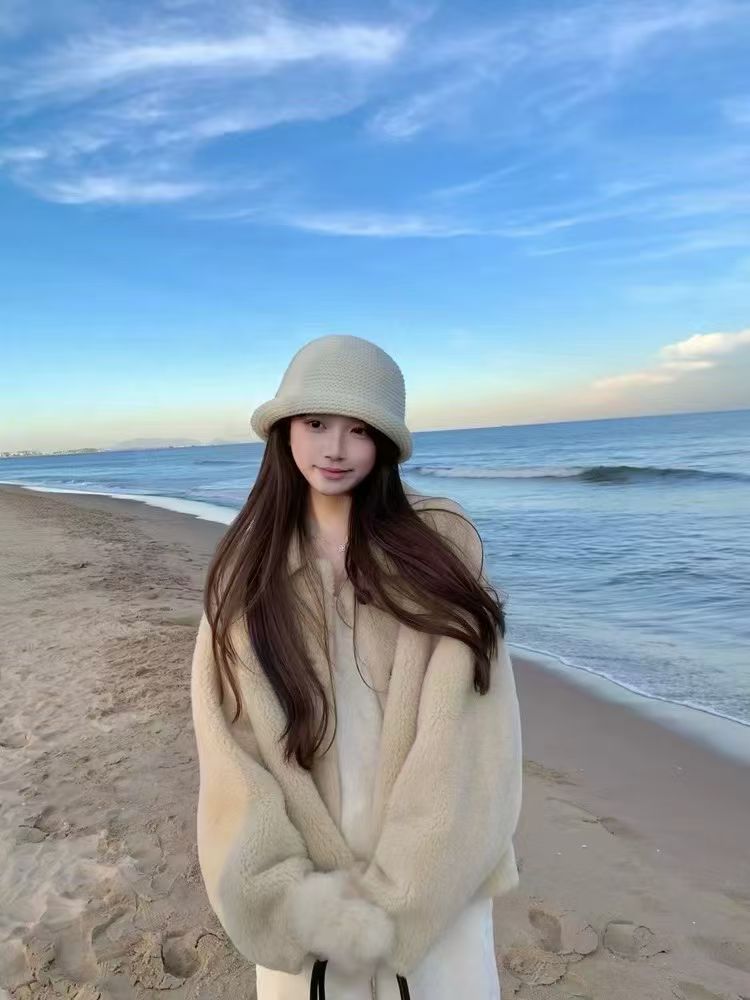 YJ - 奶黃白一體翻領羊羔毛外套 8356#