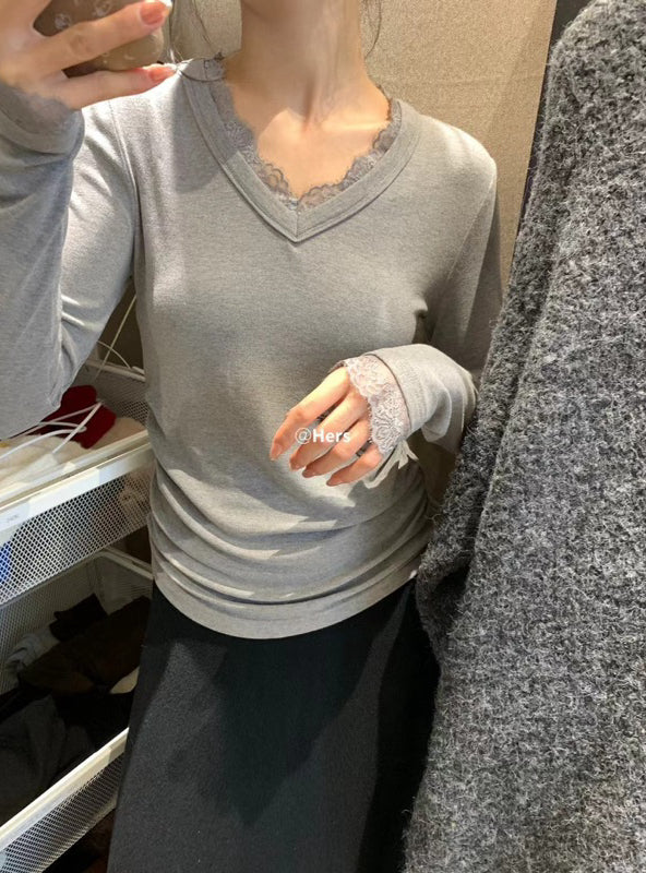 HERS> V領蕾絲拼接打底衫 #10296#