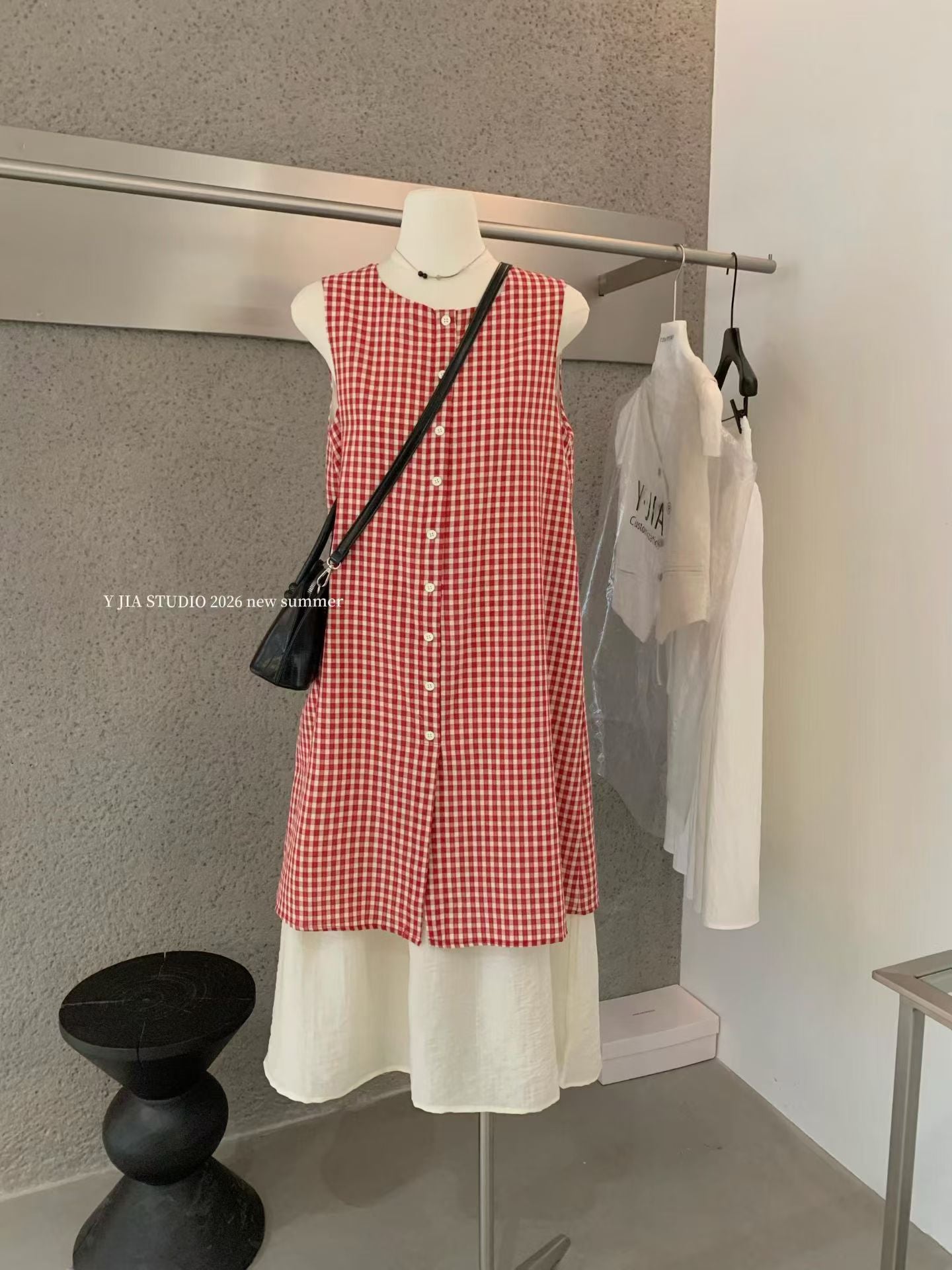 YJ -  紅格紋拼接連身裙/洋裝  3359#