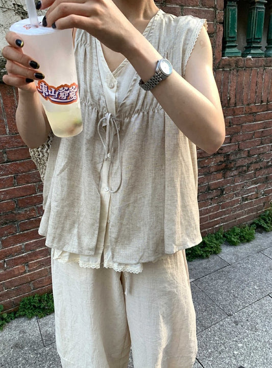 METWO> 日系假兩件麻上衣&麻褲8821#