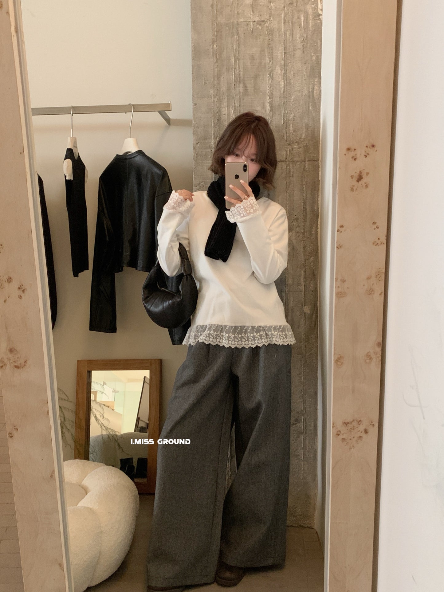 i miss - 刷毛蕾絲花邊素T