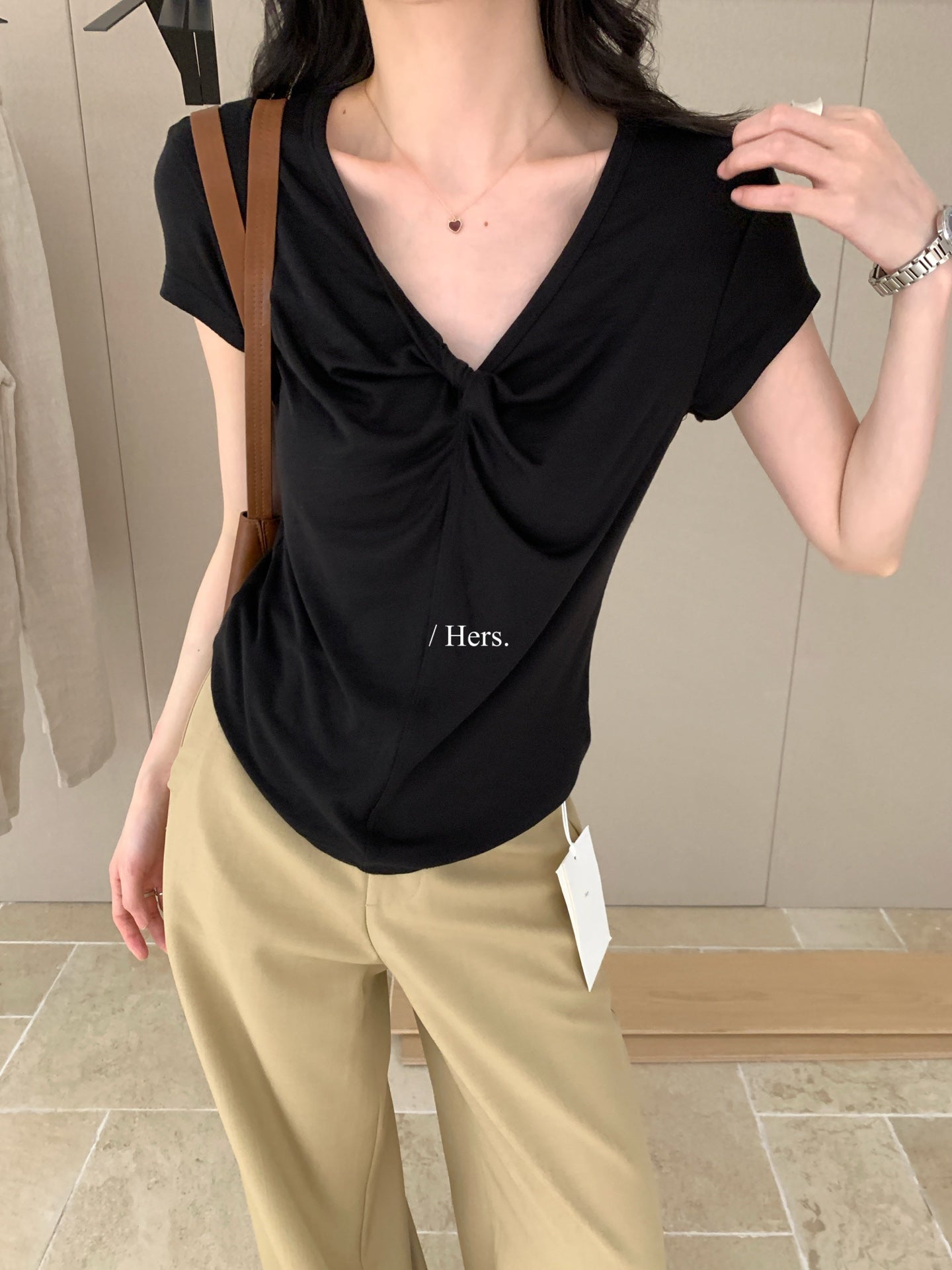 Hers - 紐結V領紙片T   80571#