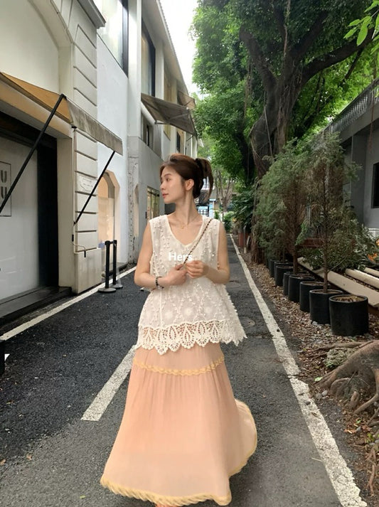 HERS>  蕾絲背心&橘調壓褶紗裙 20949#