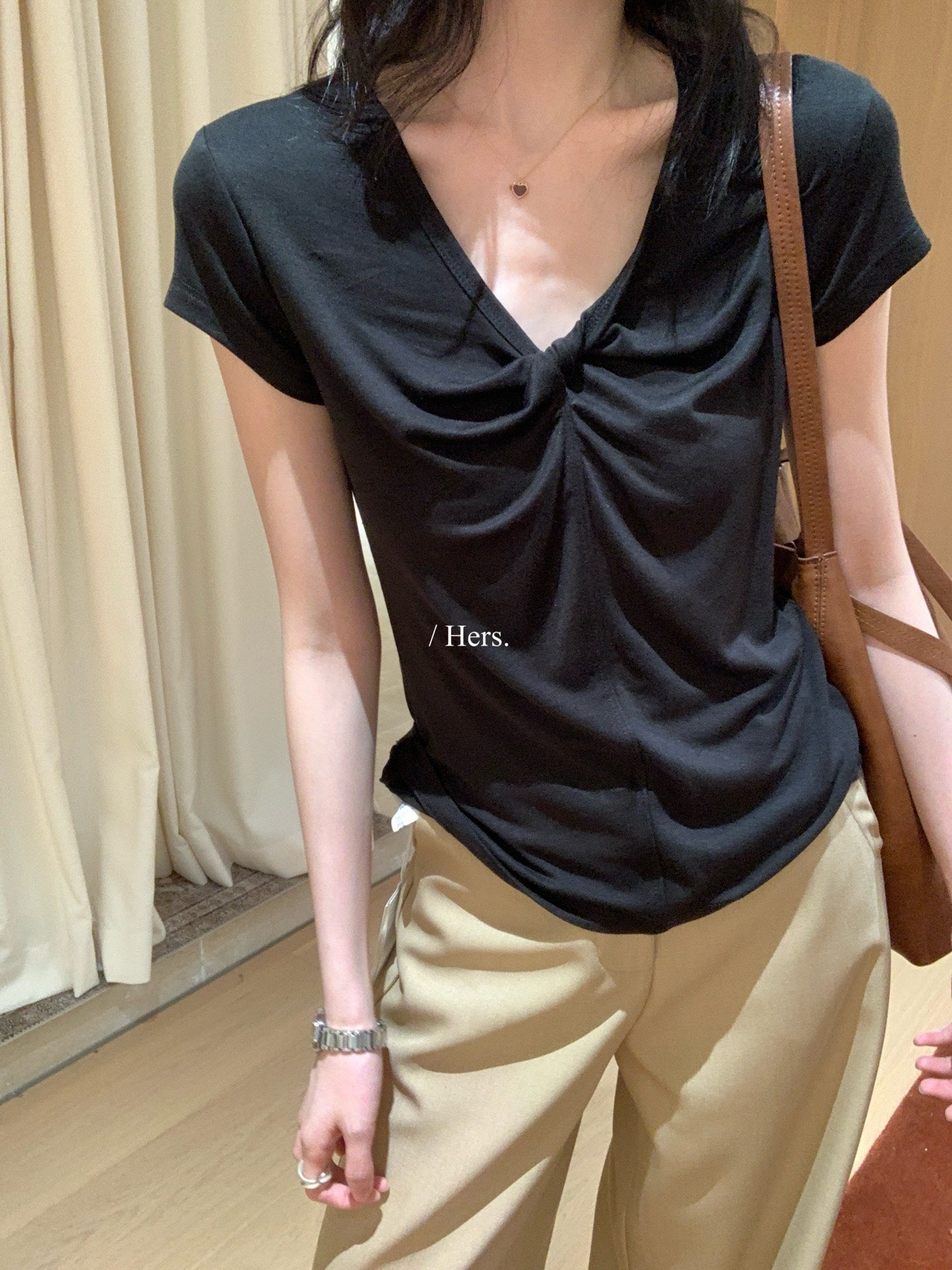 Hers - 紐結V領紙片T   80571#