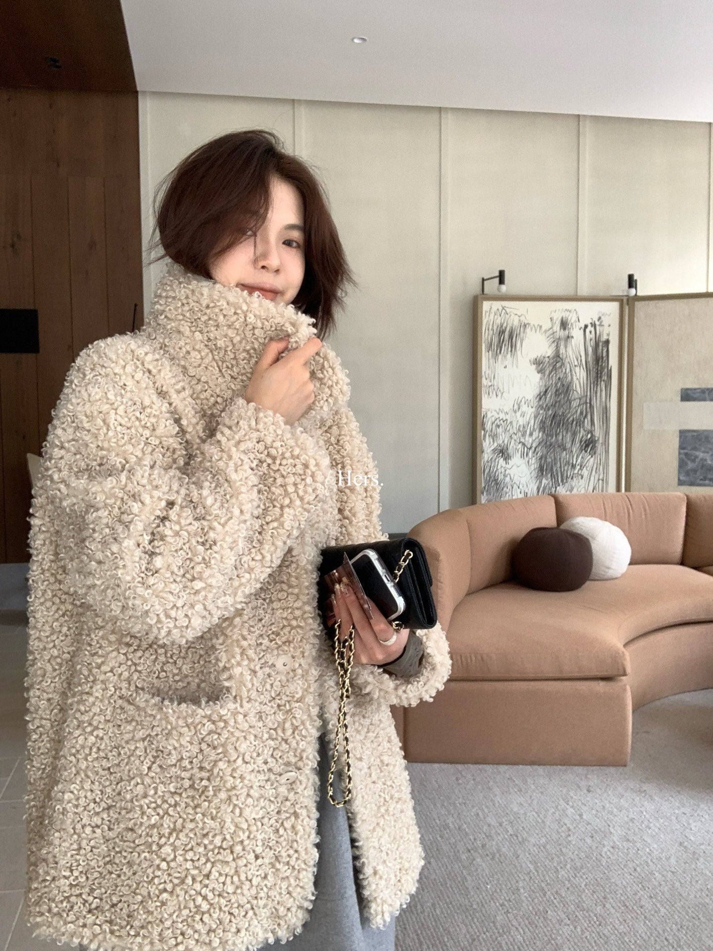 Hers - 中長款皮毛一體毛毛外套  92652#