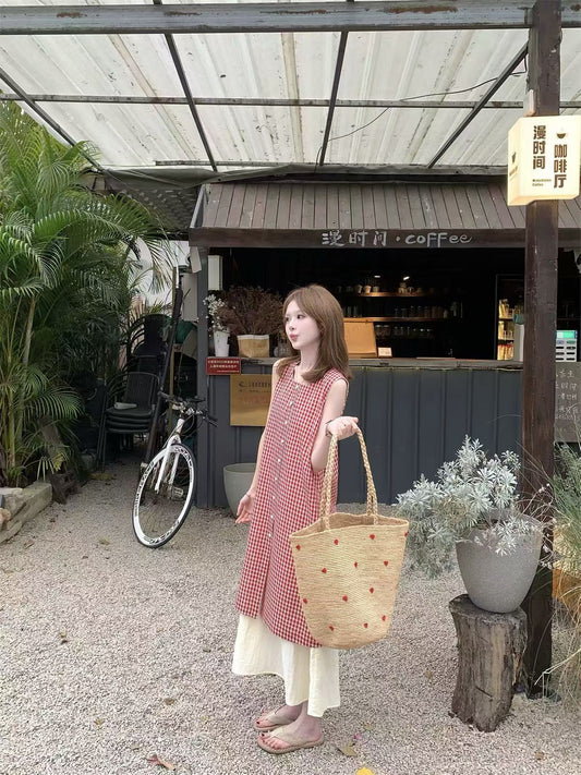 YJ -  紅格紋拼接連身裙/洋裝  3359#