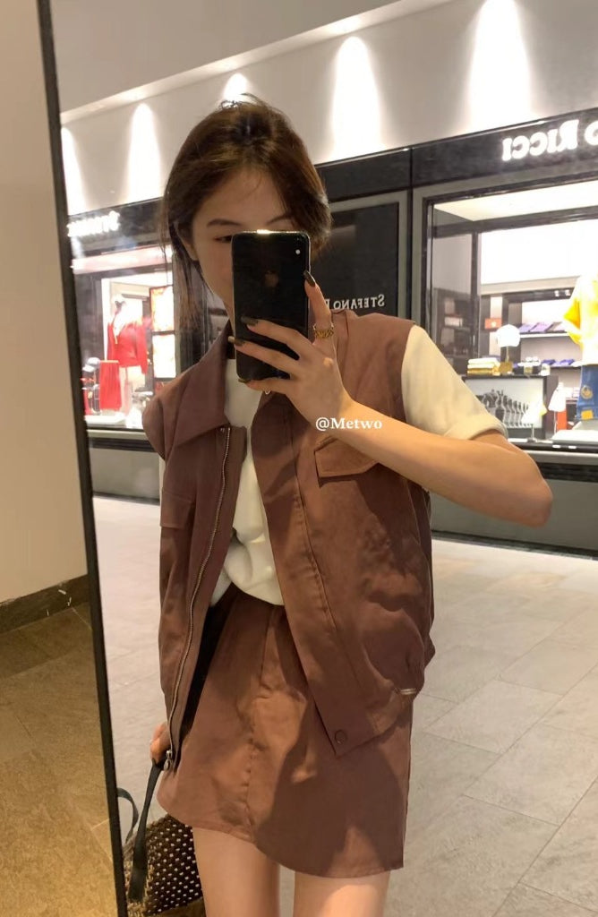 METWO> 套裝工裝背心外套短裙sml(黑&紫) 08002#