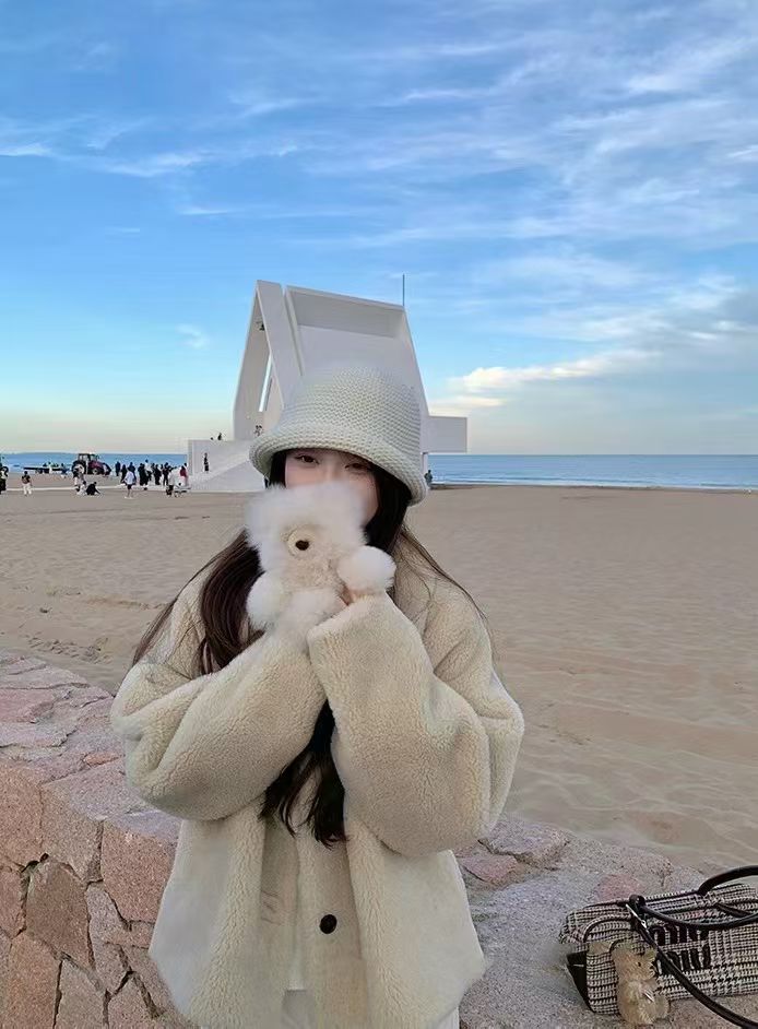 YJ - 奶黃白一體翻領羊羔毛外套 8356#