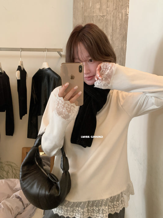 i miss - 刷毛蕾絲花邊素T