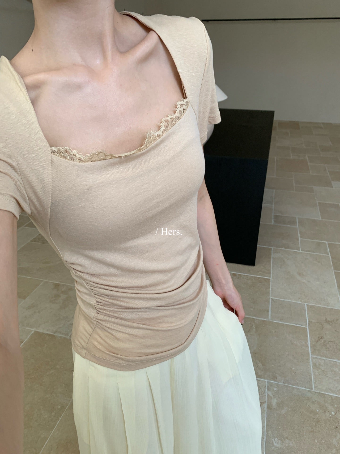 Hers - 蕾絲方領掐腰上衣&天絲飄飄褲   80696#