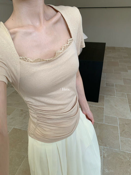 Hers - 蕾絲方領掐腰上衣&天絲飄飄褲   80696#
